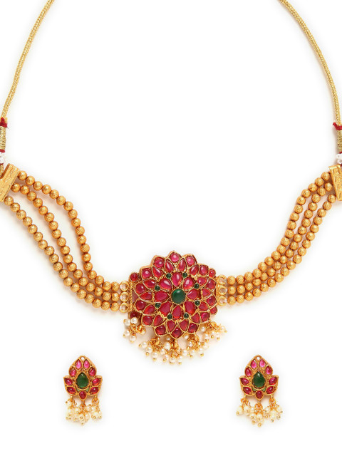 

GRIHAM Gold-Plated Green & White Stone-Studded & Golden Beaded Jewellery Set
