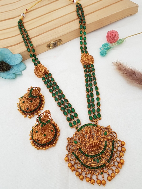 

GRIIHAM Gold-Plated Green AD Studded Beaded Temple Jewellery Set