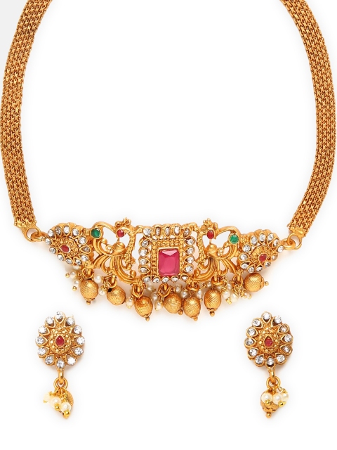 

GRIIHAM Gold-Plated Red & White AD-Studded & Beaded Choker Set