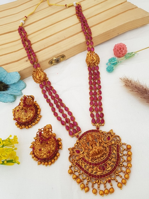 

GRIIHAM Gold-Plated Multi Three Line Laxmi Long Hara Jewellery Set
