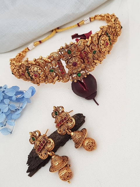 

GRIIHAM Gold-plated Red & Green Stone-Studded Choker Jewellery Set