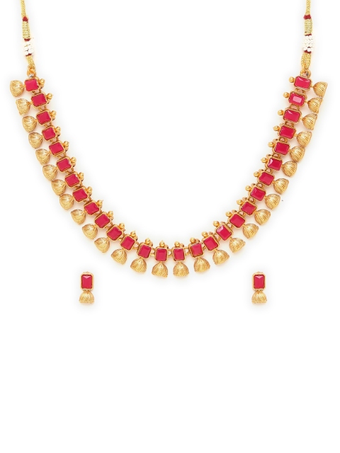 

GRIIHAM Gold-Plated Fuchsia AD Stone Studded Jewellery Set