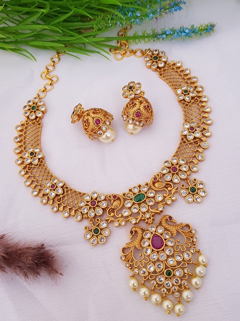 

GRIIHAM Gold-Plated & Pink AD Stone Studded Jewellery Set