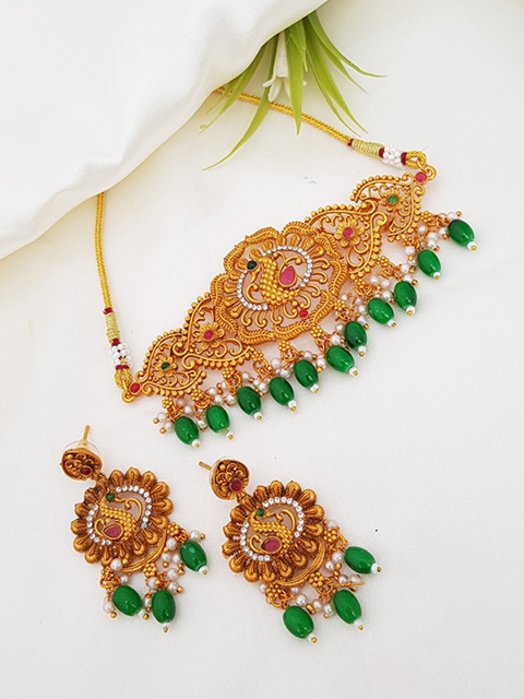 

GRIIHAM Gold-Plated Green & Red AD-Studded & Beaded Jewellery Set