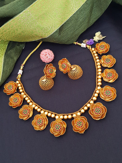 

GRIIHAM Gold-Plated & Pink American Diamond Studded Jewellery Set