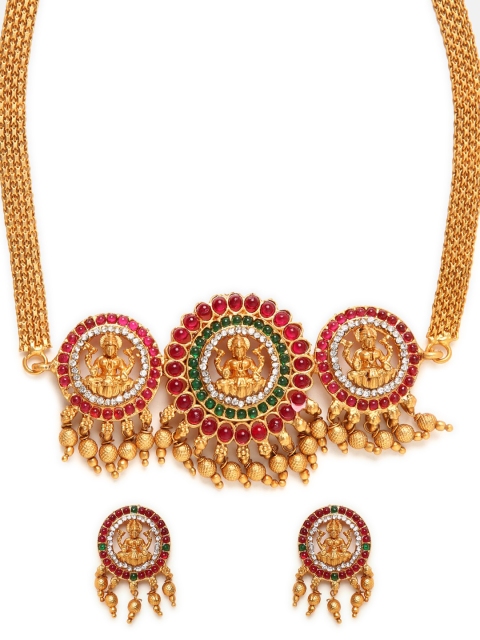 

GRIIHAM Gold-Plated Pink & Green Stone-Studded Beaded Temple Jewellery Set