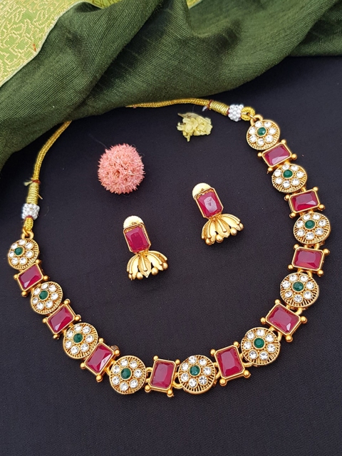 

GRIIHAM Gold-Plated Red Stone-Studded Jewellery Set