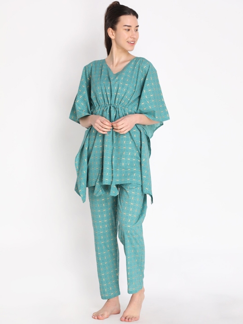 

Duchess Women Turquoise Blue & Cream-Coloured Printed Cotton Night suit