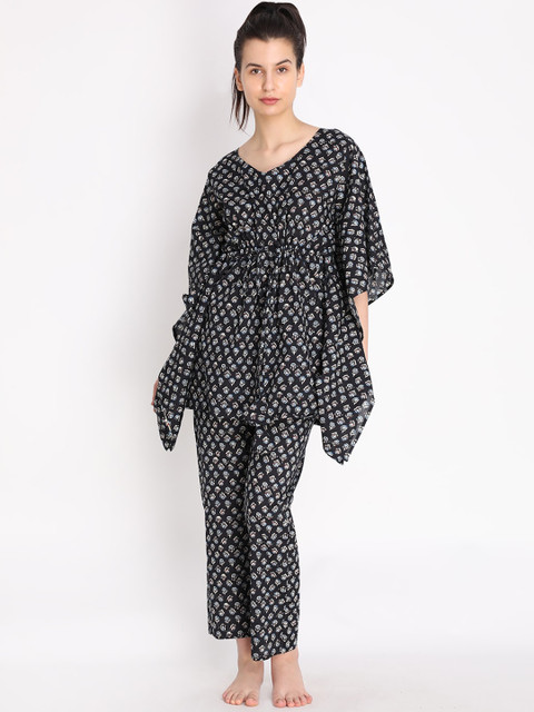 

Duchess Women Black & White Cotton Printed Kaftan Night suit