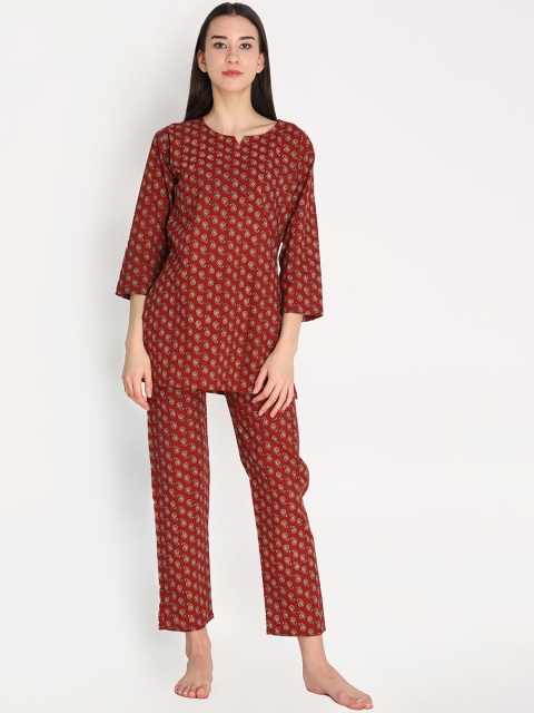 

Duchess Women Maroon & Brown Cotton Ethnic Motifs Printed Night suit