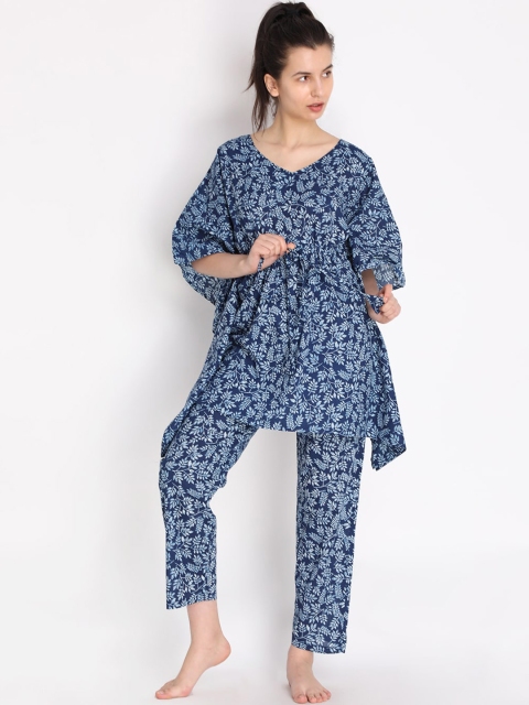 

Duchess Women Blue & White Cotton Printed Kaftan Night suit