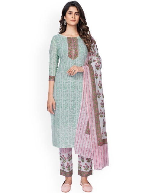 

KALINI Women White Panelled Thread Work Pure Cotton Kurti with Patiala & With Dupatta