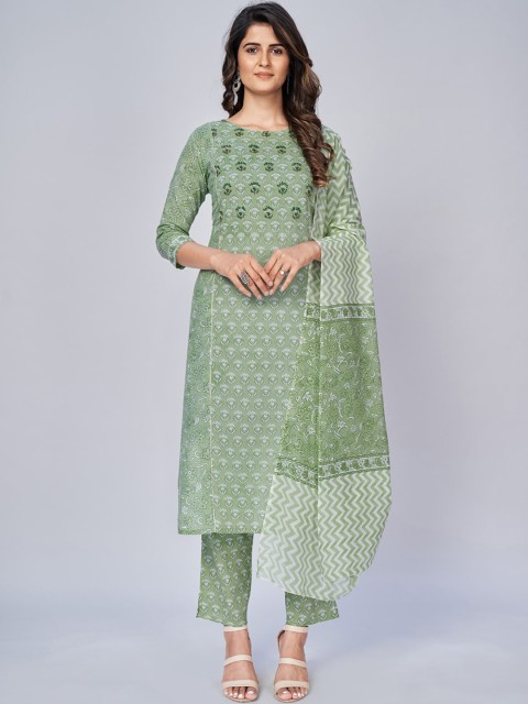 

KALINI Women Green Yoke Design Panelled Sequinned Pure Cotton Kurti with Trousers & With Dupatta