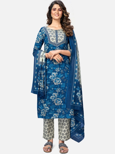 

KALINI Women Blue Ethnic Motifs Printed Pleated Thread Work Pure Cotton Kurti with Palazzos & With Dupatta