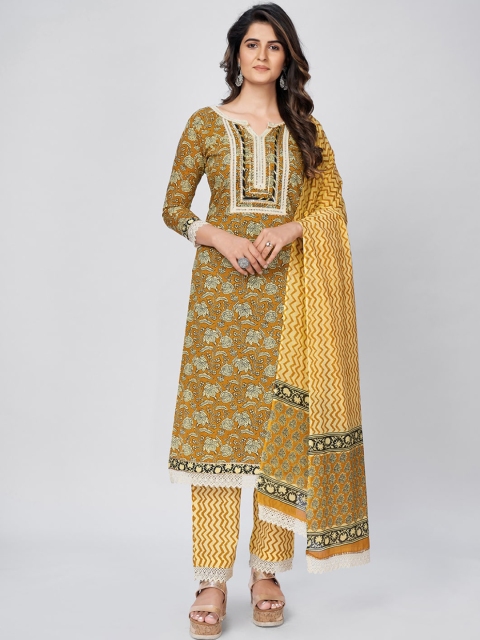 

KALINI Women Mustard Yellow Ethnic Motifs Embroidered Thread Work Pure Cotton Kurta with Palazzos & With
