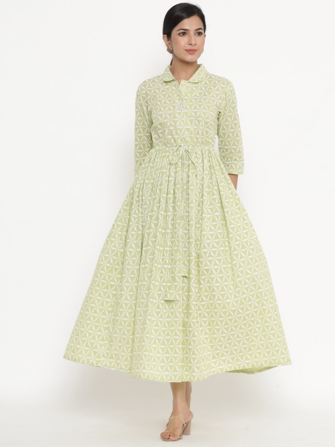 

Indian Virasat Green & White Floral Printed Dress