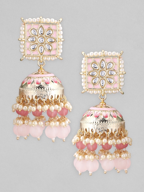 

Rubans 22k Gold-Plated & Pink Enamel & Pearls Studded Dome Shaped Jhumkas Earrings