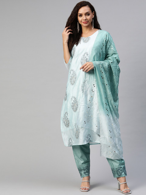 

Aarika Women Green Paisley Embroidered Thread Work Pure Cotton Kurta with Trousers & With Dupatta