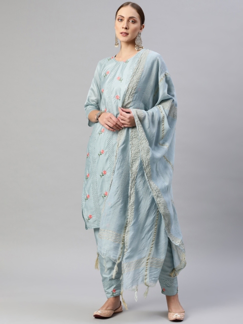 

Aarika Women Blue Ethnic Motifs Embroidered Thread Work Pure Cotton Kurta with Trousers & With Dupatta