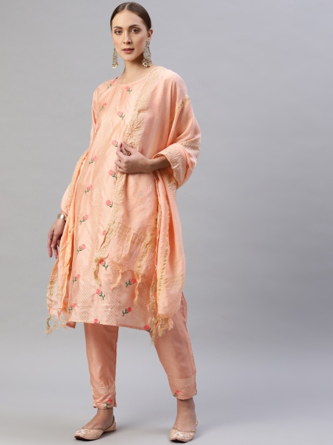 

Aarika Women Peach-Coloured Ethnic Motifs Embroidered Thread Work Pure Cotton Kurta with Trousers & With