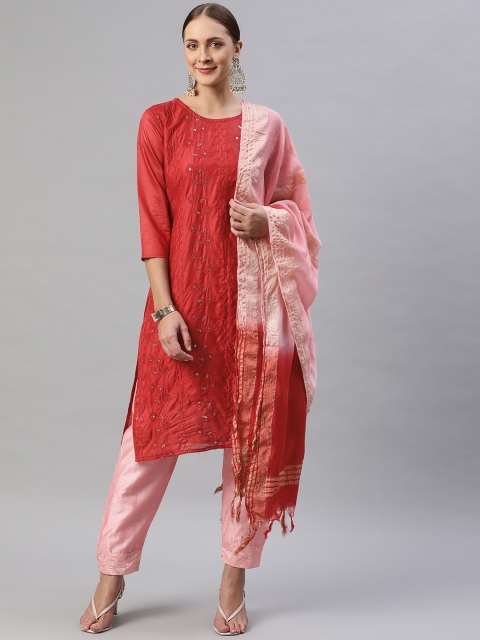 

Aarika Women Red Ethnic Motifs Embroidered Thread Work Pure Cotton Kurta with Trousers & With Dupatta