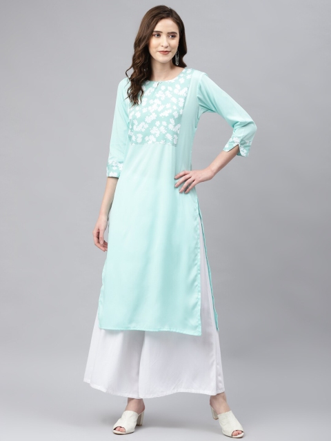 

Somras Women Sea Green & White Floral Printed Keyhole Neck Kurta