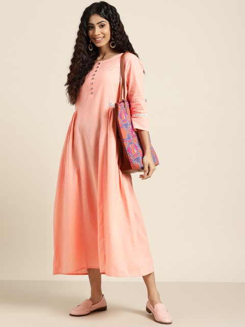 

Sangria Peach-Coloured Ethnic A-Line Kathna Embroidered Maxi Dress