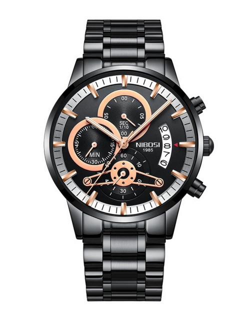 

Nibosi Men Black Skeleton Dial & Black Stainless Steel Bracelet Style Straps Analogue Chronograph Watch