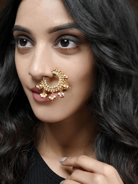 

Shoshaa Women Gold-Plated Maroon & White Beaded Nosepin