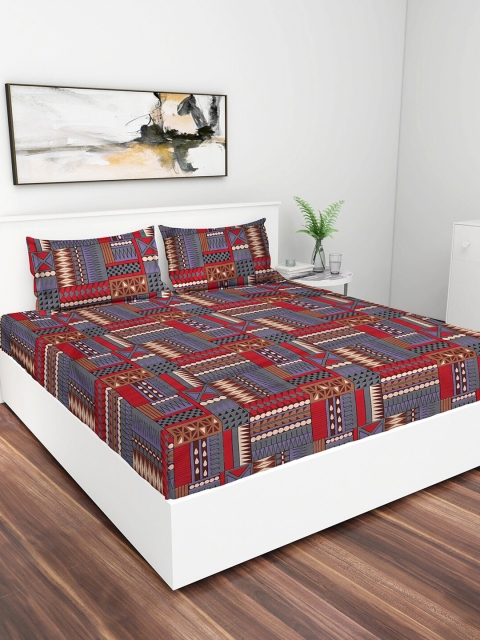 

GRACIT Grey & Red Geometric Printed 240 TC King Bedsheet With 2 Pillow Covers