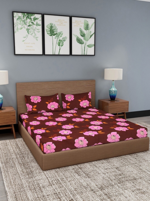 

GRACIT Brown & Pink Floral King Bedsheet with 2 Pillow Covers