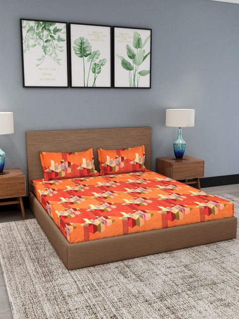 

GRACIT Orange & Green Geometric 240 TC Cotton King Bedsheet with 2 Pillow Covers