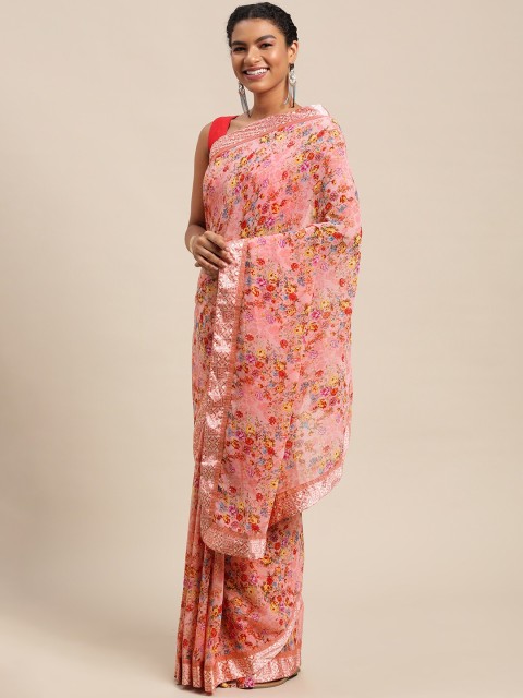 

Satrani Women Pink & Yellow Floral Printed Saree