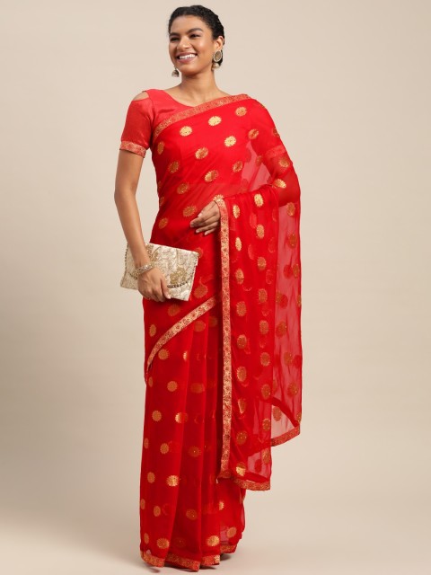 

Satrani Red & Golden Ethnic Motifs Woven Design Saree