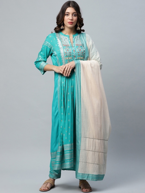 

ANAISA Women Turquoise Blue Ethnic Motifs Printed Pleated Mirror Work Kurta with Trousers & With Dupatta