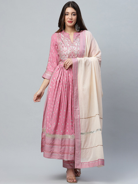 

ANAISA Women Pink & Silver Floral Yoke Design Anarkali Kurta with Palazzos & With Dupatta