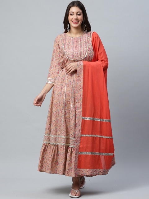 

ANAISA Women Peach-Coloured Ethnic Motifs Printed Anarkali Kurta With Dupatta