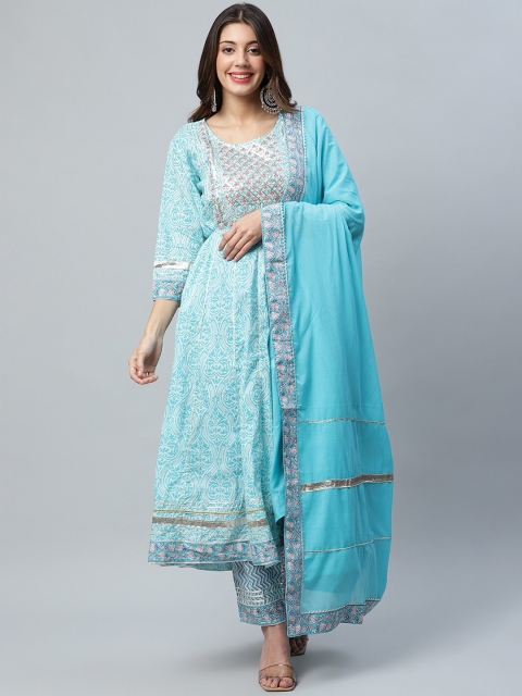

ANAISA Women Blue Floral Printed Gotta Patti Pure Cotton Kurta with Trousers & With Dupatta