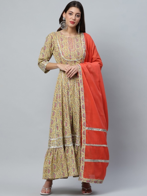 

ANAISA Women Mustard Yellow Paisley Printed Gotta Patti Anarkali Kurta WIth Dupatta