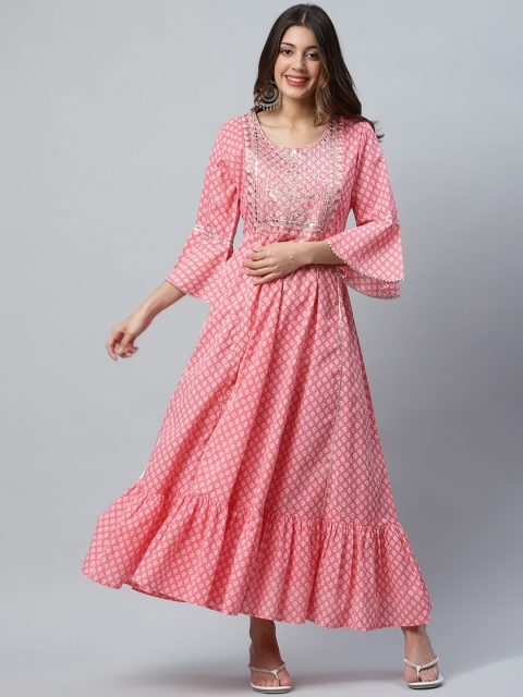 

ANAISA Women Pink Floral Printed Bell Sleeves Mirror Work Anarkali Kurta