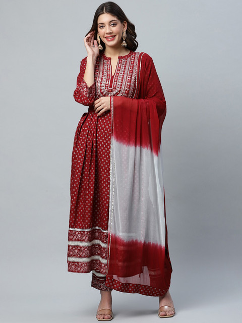 

ANAISA Women Maroon & White Printed Gotta Patti Kurta with Trousers & With Dupatta