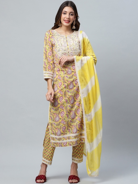 

ANAISA Women Yellow Ethnic Motifs Printed Gotta Patti Pure Cotton Kurta with Trousers & With Dupatta