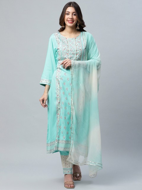 

ANAISA Women Turquoise Blue Floral Embroidered Panelled Sequinned Kurta with Trousers & With Dupatta