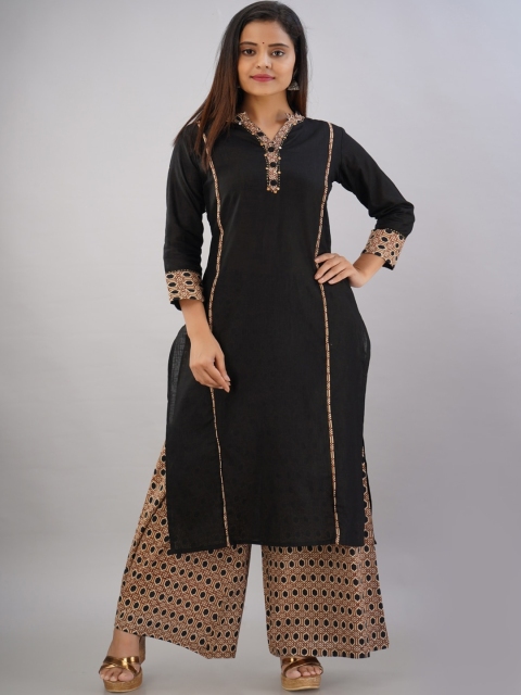 

Maishi Women Black & Brown Ethnic Motifs Panelled Cotton Kurta with Palazzo