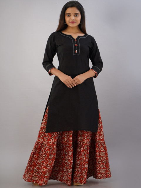 

Maishi Women Black Floral Pleated Pure Cotton Kurti with Skirt