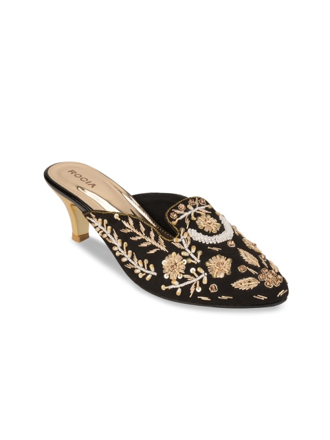 

Rocia Black & Gold-Toned Embellished Ethnic Kitten Mules