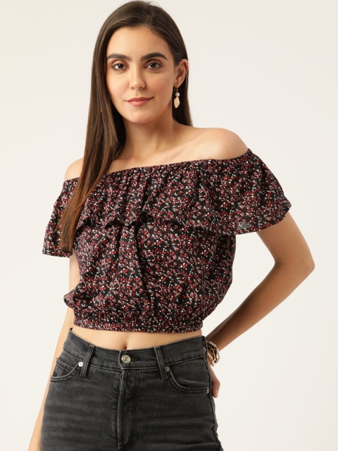 

Rue Collection Black & Red Floral Print Off-Shoulder Bardot Crop Top