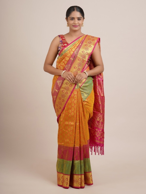 

Pothys Mustard Yellow & Golden Ethnic Motifs Beads and Stones Art Silk Saree