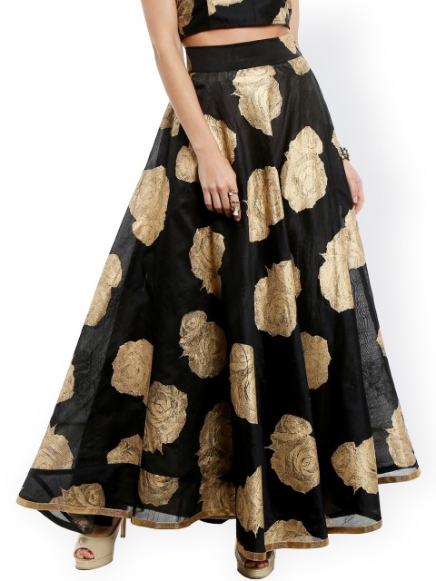 

Ira Soleil Black Floral Print Silk Flared Skirt