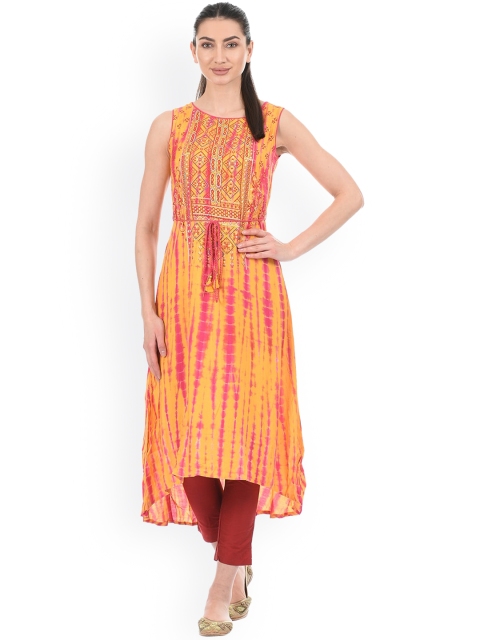 

Ethnicity Women Yellow Leheriya Dyed Mirror Work Kurta